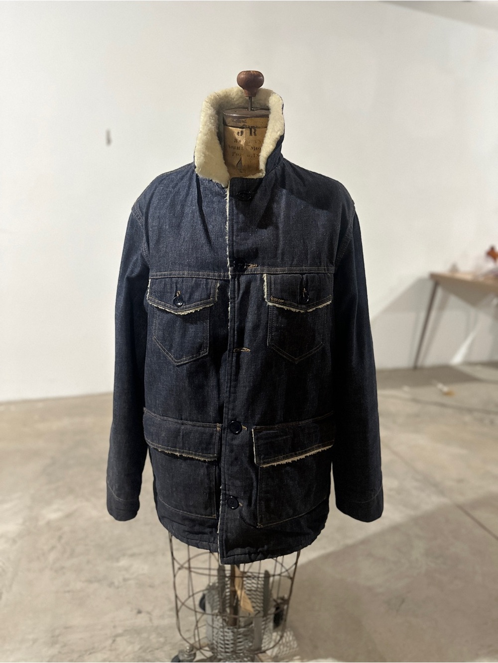 Vintage Sears & Roebuck Men's Dark Blue Shearling-Lined Denim Coat